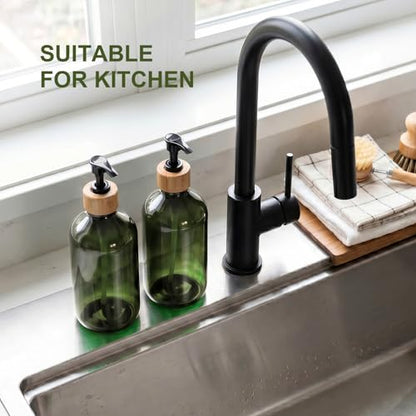 KASUNTING Green Soap Dispenser, Plastic Bathroom Soap and Lotion Dispenser Set with Bamboo Pump, 2 Pack 17 Fl Oz Hand and Dish Soap Dispensers Set for Bathroom, Refillable Liquid Soap Bottles - color: Olive Green, size: 2 Bottles