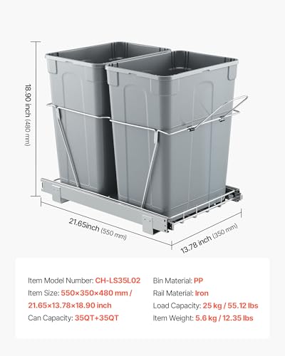 VEVOR Pullout Trash Can for Kitchen Cabinets, 35 QT x2 Double Under Sink Garbage Waste Recycling Bin, Under Mount Waste Container, with Heavy Duty Metal Full Extension Sliding System and Handle Grey - size: 70QT(35QTx2)