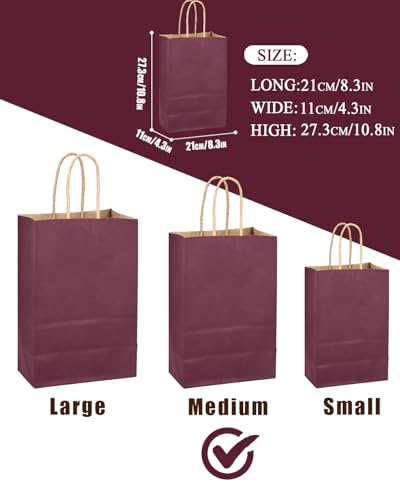 qiqee Purplish Red Gift Bag with Handles Bulk 24Pcs Paper Bags -10.6"x8.3"x4.3"Party Favor Bags - Solid Color - color: Purplish Red
