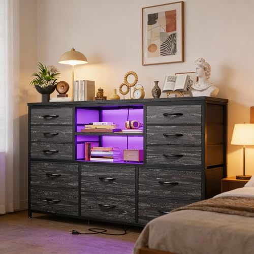 EnHomee Dresser for Bedroom with LED Lights & Charging Station - color: Black
