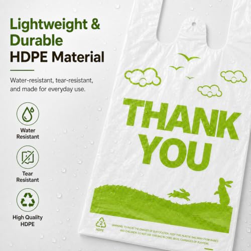 YoYoRain 1000 Count White Thank You T-Shirt Bags, 11 x 6 x 21 in - color: white green