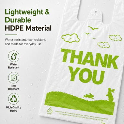 YoYoRain 1000 Count White Thank You T-Shirt Bags, 11 x 6 x 21 in - color: white green