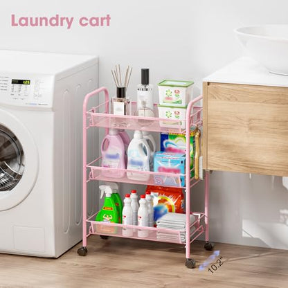 TOOLF 3 Tier Rolling Cart, Metal Utility Storage Cart with Wheels, Pink - color: Pink, size: 3-Tier