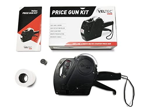 Veltec Price Gun Starter 1-Line, 8 Digits – Includes 2000 White Labels, 1 Inker and Starter Labels Preloaded, and Extra Ink Roller
