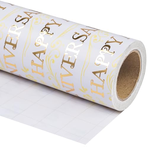 WRAPAHOLIC Happy Anniversary Wrapping Paper Roll - Mini Roll - 17 Inch x 16.5 Feet - Gold Foil Happy Anniversary Lettering Design Perfect for Celebration, Party - color: Happy Anniversary - Gold, size: 17 inch x 16.5 feet