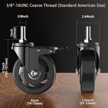 Casters Set of 4,3 inch Threaded Stem Caster Wheels,3/8"-16 x 1(Stem Diameter 3/8",Stem Length 1"), Heavy Duty Caster Wheels with Brake, Locking Swivel Casters Black - color: Black-3/8"-16x1", size: 3 Inch