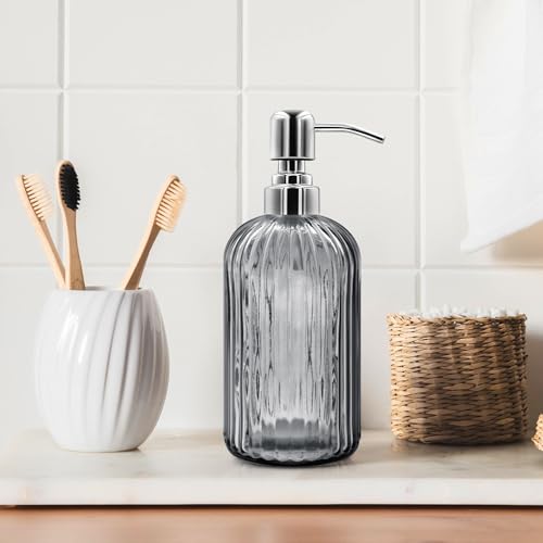 18 Oz Glass Soap Dispenser with Stainless Steel Pump, Modern Ribbed Design Refillable Liquid Soap Bottle for Bathroom, Kitchen, Hand Soap, Dish Soap, or Lotion (Grey) - color: Gray