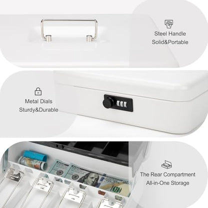 Jssmst Metal Cash Box with Money Tray and Lock, Portable Cash Drawer, 11.8" - color: White Code-A