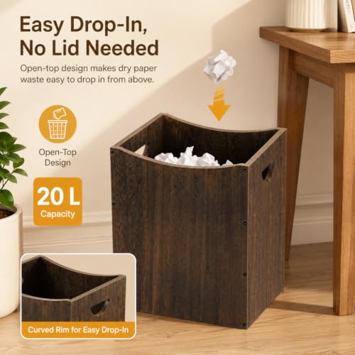 Vrisa Wood Trash Can 5.3 Gallon Office Wastebasket Farmhouse Rectangular Garbage Can with Built-in Handles Small Trash Can for Bedroom Office Kitchen Bathroom Under Desk Large Storage