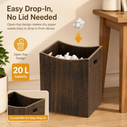 Vrisa Wood Trash Can 5.3 Gallon Office Wastebasket Farmhouse Rectangular Garbage Can with Built-in Handles Small Trash Can for Bedroom Office Kitchen Bathroom Under Desk Large Storage