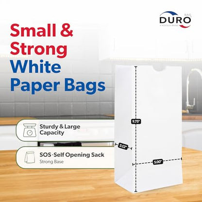 DURO 51004 4# White Paper Lunch Bags, 5 x 3.12 x 9.75 in, 500 Ct