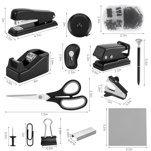 Black Desk Accessory Kit Cute Office Supplies Set Desktop Stapler Set Includes Staple Remover Hole Punch Tape Dispenser Ballpoint Pen Scissor Mini Box Cutter Tape Measure Paper Clips Sticky Notes - color: Black