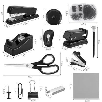 Black Desk Accessory Kit Cute Office Supplies Set Desktop Stapler Set Includes Staple Remover Hole Punch Tape Dispenser Ballpoint Pen Scissor Mini Box Cutter Tape Measure Paper Clips Sticky Notes - color: Black
