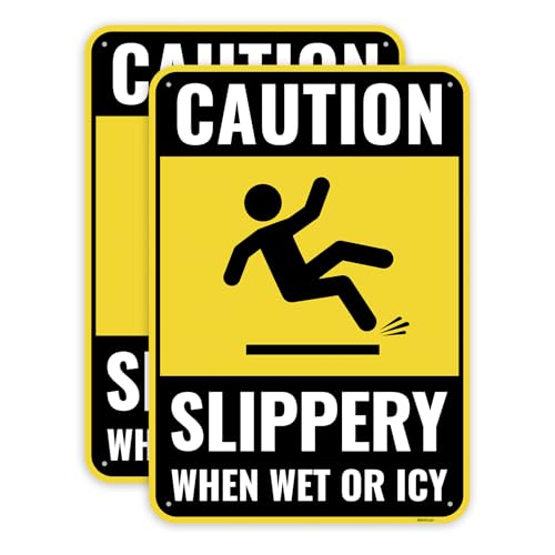 2PC Caution Slippery When Wet Or Icy Sign, 10 x 7 Inches - Aluminum