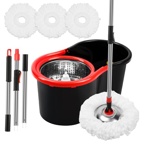 Spin Mop and Bucket with Wringer Set, 360° Spinning Mop Bucket System with 3 Microfiber Mop Replacement Heads Refills, Stainless Steel Extended Handle for Floor Cleaning Home Office