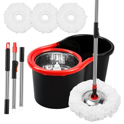 Spin Mop and Bucket with Wringer Set, 360° Spinning Mop Bucket System with 3 Microfiber Mop Replacement Heads Refills, Stainless Steel Extended Handle for Floor Cleaning Home Office