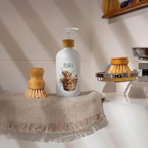 Highland Cow Farmhouse Hand and Dish Soap Dispenser Set, Highland Cow Lover Gifts Glass Soap Dispenser for Kitchen, Floral Heifer Refillable Handsoap Pump Bottle for Bathroom Countertop - color: Highland Cow Set of 2