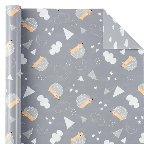WRAPAHOLIC Reversible Baby Shower Wrapping Paper Roll - Mini Roll - 17 Inch x 10 Feet - Adorable Hedgehogs and Clouds Design Perfect for Neutral Baby Shower, Kids Birthday, Party - color: Grey Baby - Hedgehog & Cloud
