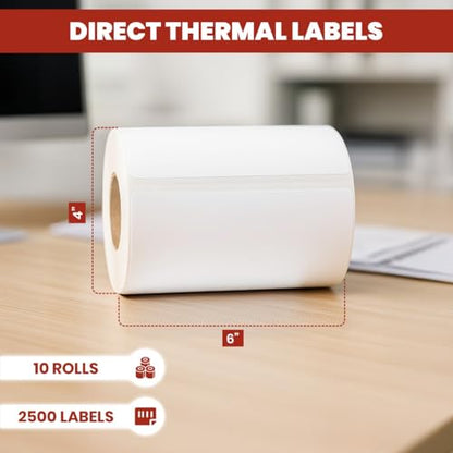 4"x6" Direct Thermal Shipping Labels 10 Rolls, 2500 Labels - size: 10 Rolls - 2500 Labels