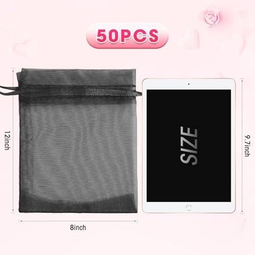 ANZNKU 50 Pcs Large Organza Bags 8x12, Black Small Mesh Gift Bag Drawstring - color: Black