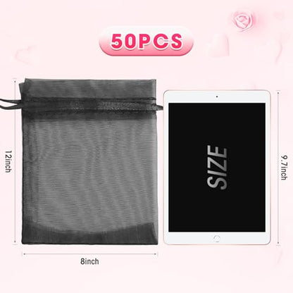 ANZNKU 50 Pcs Large Organza Bags 8x12, Black Small Mesh Gift Bag Drawstring - color: Black