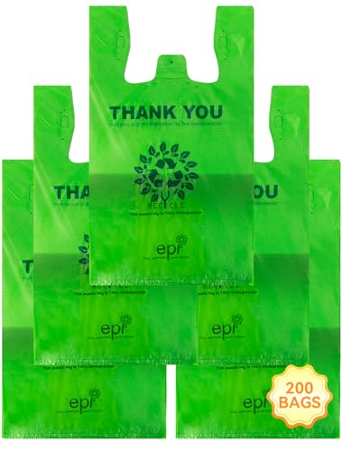 [200 per box],Recyclable Compostable Reusable Biodegradable Plastic T-Shirt Bags,Grocery Shopping Bags,Measures 11. 5" X 6. 25" X 21"( large size 1/6) , 16 Mic (0. 63 Mil)