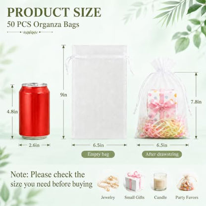 YunKo 50Pcs White Organza Bags 6X9 Inch Drawstring Mesh Party Favor Bag - color: White