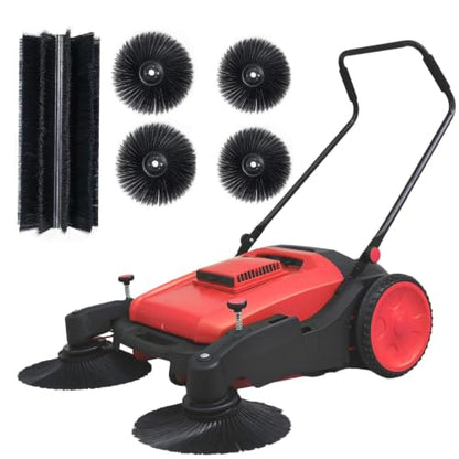 43" Walk-Behind Hand Push Floor Sweeper, 15 Gallon Waste Container, 46000 Sq Ft/H Efficiency, Angle & Height Adjustable Folding Handle for Yard, Garage, Patio & Walkway Cleaning (Red) - color: Red