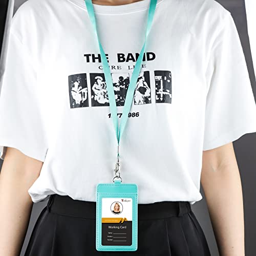 Teskyer Leather ID Badge Holder with Lanyard, Vertical Cyan - color: Green, size: Vertical