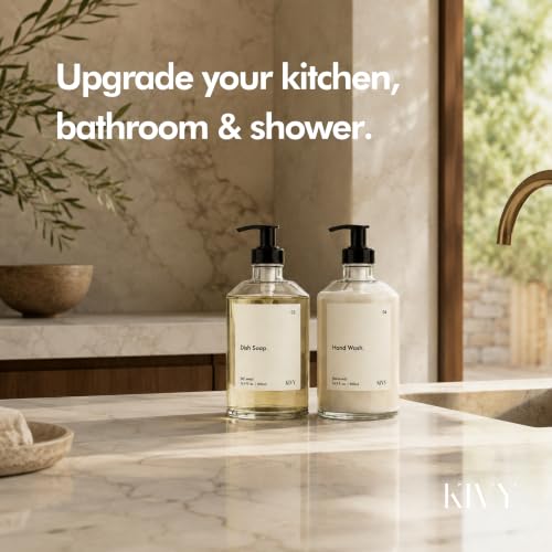 KIVY Glass Soap Dispenser Set 2X 16oz - incl. Waterproof Labels - with Pump - color: Glass