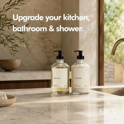 KIVY Glass Soap Dispenser Set 2X 16oz - incl. Waterproof Labels - with Pump - color: Glass