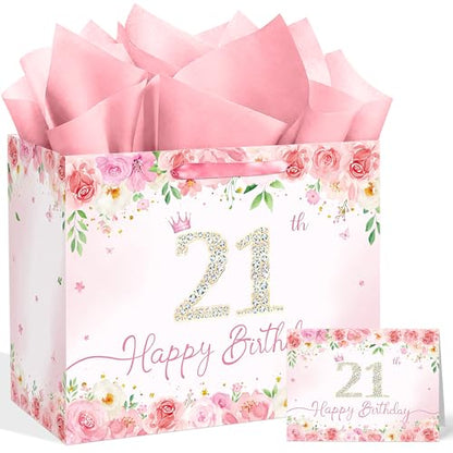 QISOLIY Pink Floral 21st Birthday Gift Bag for Women, Large Happy 21st Birthday Gift Bag with Tissue Paper and Greeting Card Included, Elegant Birthday Present Bag for Daughter, Sister, Best Friend and Her - color: 21th