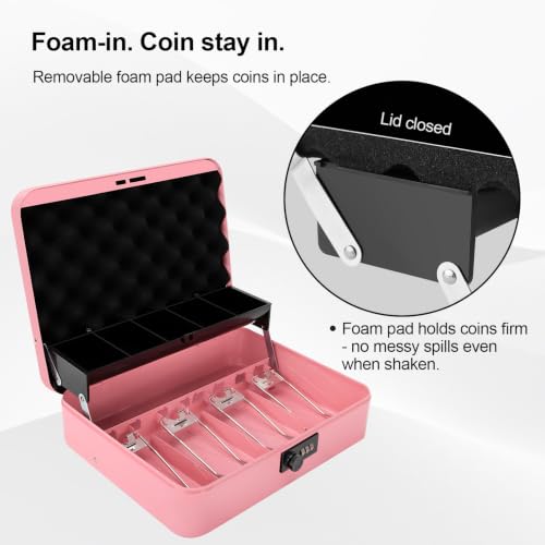 Jssmst Metal Cash Box with Money Tray and Lock, Portable Cash Drawer, 11.8" - color: Pink Code-A