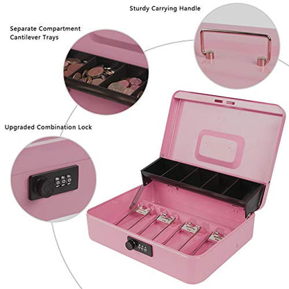 KYODOLED Large Cash Box with Combination Lock,Money Box with Cash Tray, Lock Safe Box with Key,Money Saving Organizer,11.81Lx 9.45Wx 3.54H Inches,Pink XL Large