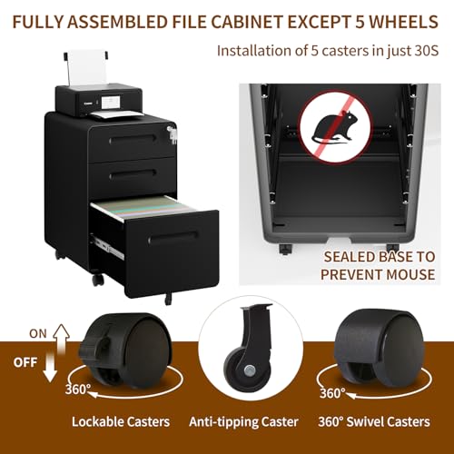 3 Drawer Mobile File Cabinet with Lock, 4 Keys and 25 Letter File Folders - color: Black, size: 23.8"H*15.7"W-3 Drawers(25 letter folders)
