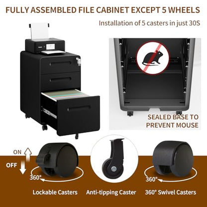 3 Drawer Mobile File Cabinet with Lock, 4 Keys and 25 Letter File Folders - color: Black, size: 23.8"H*15.7"W-3 Drawers(25 letter folders)