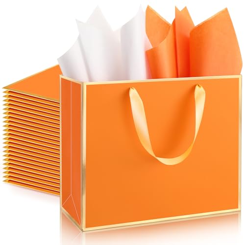 ReliThick 12 Pack Paper Gift Bag with Handles & Tissue, Orange, Gold - color: Orange, Gold