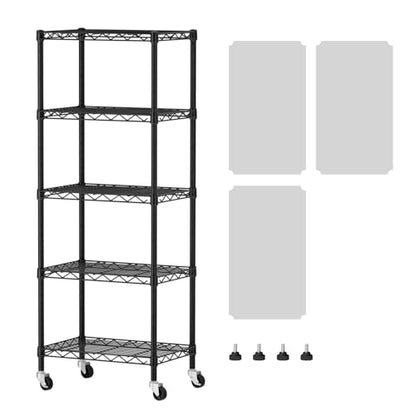 SINGAYE 5 Shelves Storage Shelf Wire Shelving Unit Metal Adjustable Wheels - color: Black, size: 5Tier/11.5"D X 17.5"W X 57"H