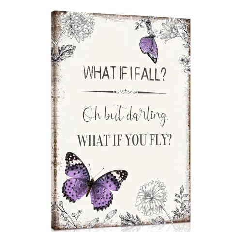 YPY Inspirational Quote Canvas Wall Art : Purple Butterfly Picture Motivational Framed Poster, What if I Fall Positive Sign for Teen Girl Bedroom 10" x 15" - color: Purple Butterfly, size: 10"x15"