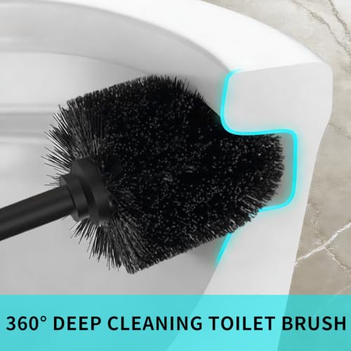 Toilet Brush and Holder Set,304 Stainless Steel Toilet Brush for Bathroom with Long Handle, Heavy Duty Toilet Bowl Brush,Removable Inner Bowl and Splash Protection,Deep Cleaning (Black) - color: Black