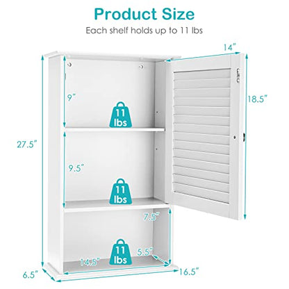 COSTWAY Bathroom Wall Cabinet, Large Capacity Storage Cabinet (White) - color: White
