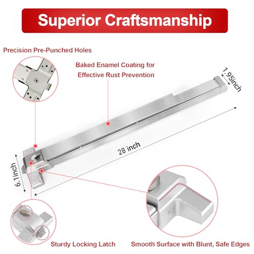 Push Bar Panic Exit Device with Handle, 28inch Emergency Exit Door Hardware with 6 Keys, Aluminum Commercial Push Bar Door Lock Fits 28"-45" Wood & Metal Doors, Left/Right Compatible - size: 28inch
