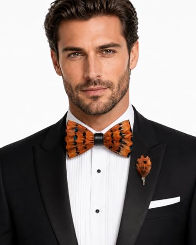 RBOCOTT Handmade Feather Pre-tied Bow tie and Brooch Sets for Men - color: Orange