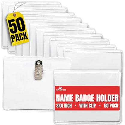 1InTheOffice Name Badge Holder with Clip 3x4, Clear Name Tag Holder and Metal Clips, Plastic, White Inserts, (50 Pack)