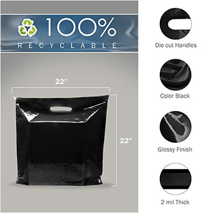 22x22 Black Plastic Bags, Extra Large, Glossy Finish, 2 Mil Thick, 100 Pack