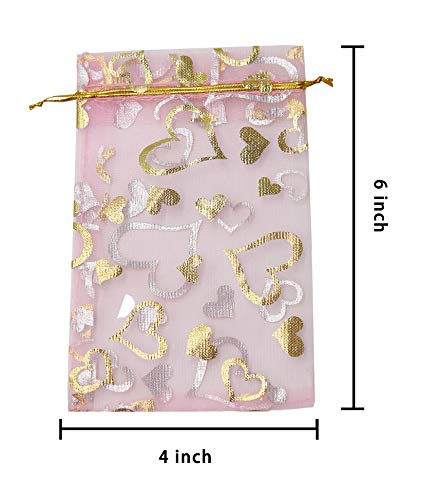 Stratalife 4"x6" Heart Organza Bags with Drawstring, 100PCS - color: 100PCS Heart Pink 4X6
