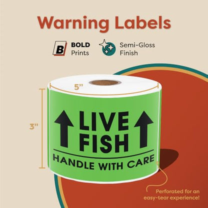 3" X 5" Live Fish This Side Up Shipping Stickers - Handle with Care - color: Green (Live Fish)