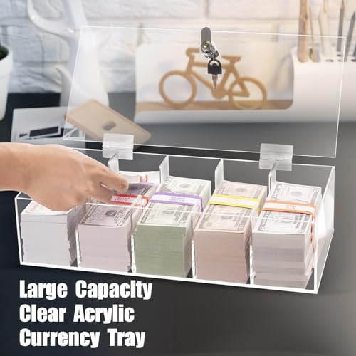 Acrylic Locking Currency Tray With 300 Currency Wrappers, 5 Compartment Clear Cash Organizer Money Storage Box with Lockable Cover for Cash, Moneyboxes Currency Cash Holder for Money