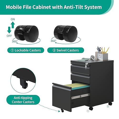 3 Drawer File Cabinet, Vertical File Cabinets with Lock for Home Office,Heavy Duty Office Steel Filing Cabinet for Hanging Letters/Legal/A4, Assembly Required (Black) - size: 3 Drawer-Wheel