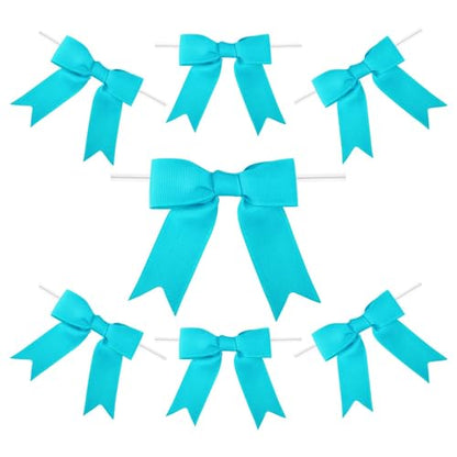 Meseey 50 Pcs 3 Inches Grosgrain Ribbon Twist Tie Bow Turquoise Pretied Premade Craft Bows for Treat Bags Gift Wrapping Basket Wedding Baby Shower Brithday Christmas Party (Turquoise) - color: Turquoise